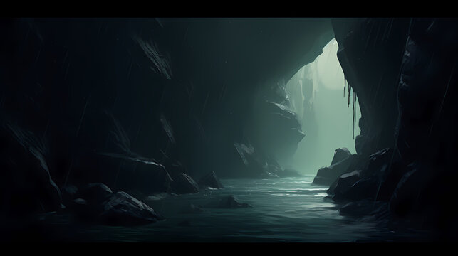Dark cave with opening leading to raging river