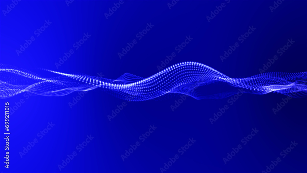 Poster flowing blue dots on deep blue background. abstract digital dots wave and light abstract background,