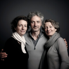 Three people, a man and two middle-aged women photographed in a family portrait studio