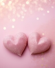 Two Soft Pink Hearts With Lace On pink Glitter Background With Sparkles, copy space - generative ai