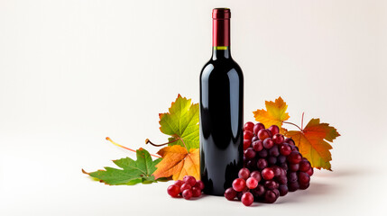 An unlabeled bottle of red wine on a gray surface, next to bunches of red grapes and vine leaves...