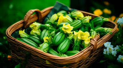 Delicious courgette flowers on the farm, in the summer season a tray full of organic products. Fresh courgette flowers, can be used as a background. view from above. - 699211401