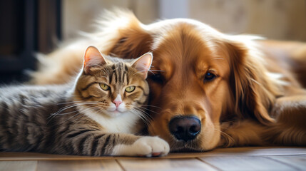 Obraz premium cat dog friend home comfortable lying together close up looking ai visual concept
