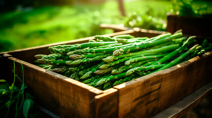 close up of a tray full of delicious freshly picked farm fresh green asparagus, organic product. view from above. AI generate - 699211426