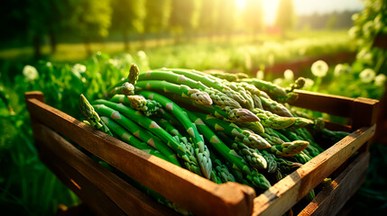 close up of a tray full of delicious freshly picked farm fresh green asparagus, organic product. view from above. AI generate - 699211429