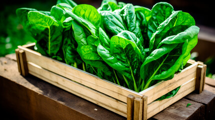 close up of a tray full of delicious freshly picked farm fresh spinach, organic product. view from above. AI generate