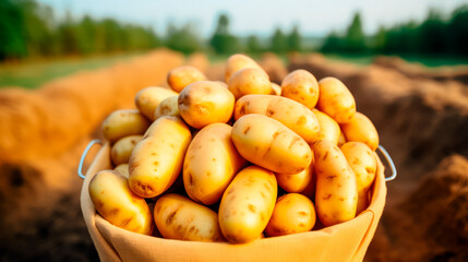 close up of a tray full of delicious freshly picked farm fresh potatoes, organic product. view from above. AI generate - 699211606