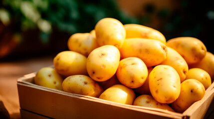 close up of a tray full of delicious freshly picked farm fresh potatoes, organic product. view from above. AI generate - 699211622