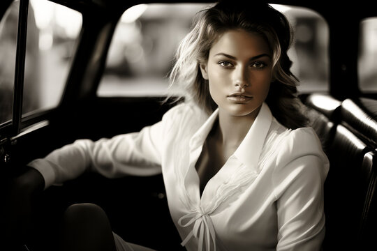 Fototapeta Black and white photo of a French style model sitting in a vintage car, in the style of the 40s