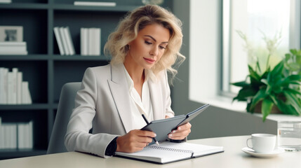 Middle aged businesswoman in the gray suit taking notes while using her tablet at the desk in the white spacious office,