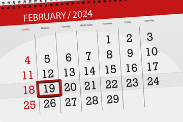 Calendar 2024, deadline, day, month, page, organizer, date, February, monday, number 19 - obrazy, fototapety, plakaty