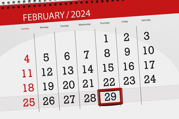 Calendar 2024, deadline, day, month, page, organizer, date, February, thursday, number 29 - obrazy, fototapety, plakaty
