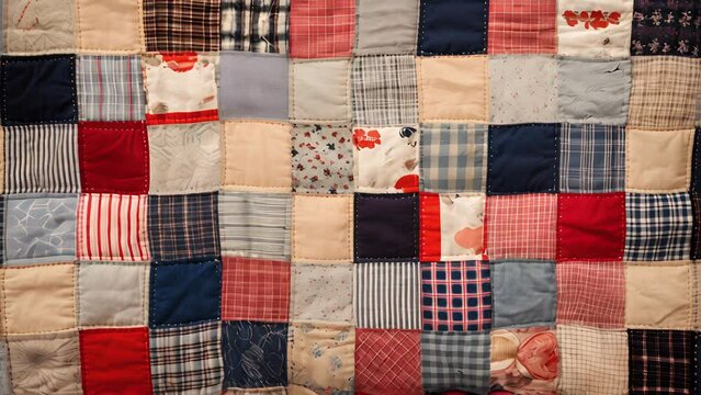 A patchwork quilt, complete with mismatched fabric ss and crooked stitching, but b with charm and personality.