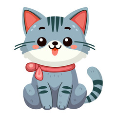 Cute and smile cat, doodle pet friend. Funny adorable cat or fluffy kitten cartoon character design with flat color. Domestic animals sitting. Pet companion friendship. Illustration for sticker, print