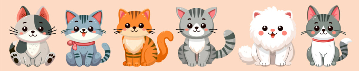 Cute and smile cats set, doodle pets friends. Collection of funny adorable cats or fluffy kittens cartoon character design with flat color. Pets companions friendship. Illustration for sticker, print. - obrazy, fototapety, plakaty