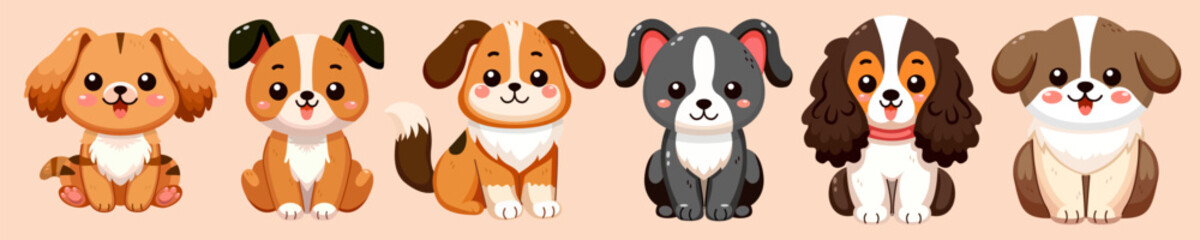 Cute and smile dogs set, doodle pets friends. Collection of funny adorable dogs or fluffy puppies cartoon character design with flat color. Pets companions friendship. Illustration for sticker, print.