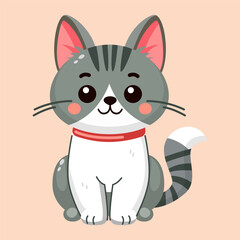 Cute and smile cat, doodle pet friend. Funny adorable cat or fluffy kitten cartoon character design with flat color. Domestic animals sitting. Pet companion friendship. Illustration for sticker, print