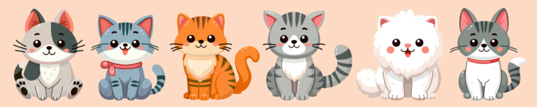 Cute and smile cats set, doodle pets friends. Collection of funny adorable cats or fluffy kittens cartoon character design with flat color. Pets companions friendship. Illustration for sticker, print.