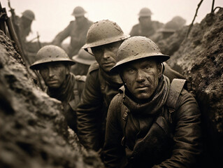 Historic black-and-white photo: World War I soldiers endure grim trench life, camaraderie amidst adversity. - obrazy, fototapety, plakaty