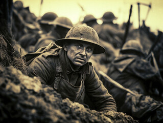 Vintage World War I snapshot depicting weary soldiers huddled in the muddy trenches of combat.