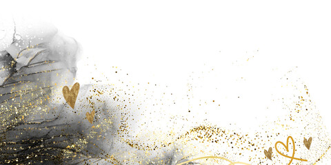 Valentines day background with gold glitter hearts, isolated on transparent background.