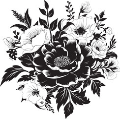 Elegant Blossom Fusion Decorative Black Logo Intricate Floral Medley Black Bouquet Emblem