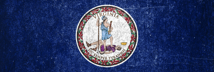 Banner of the grunge Virginia state flag. Dirty Virginia state flag on a metal surface.