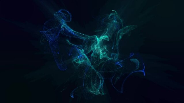 Abstract beautifully disintegrating glowing particles in slow motion in blue-turquoise color.