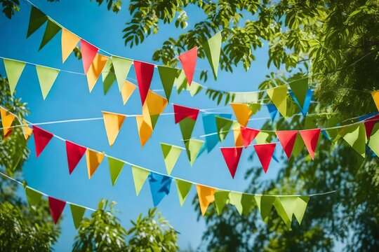 flags on the clothesline, 
Search by image or video Colorful pennant string decoration in green tree foliage on blue sky, summer party background template banner with copy space stock photo