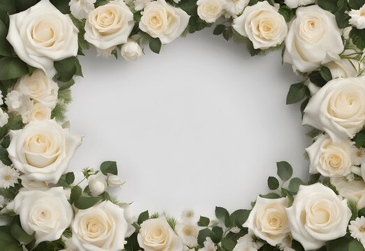Elegant White Roses and Flowers Frame on White Background