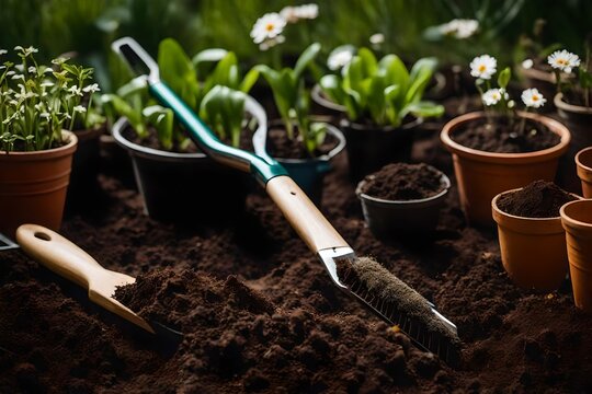 gardening tools in garden, 
Search by image or video Spring gardening concept - gardening tools with plants, flowerpots and soil stock photo