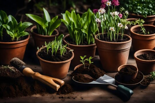 tools and flowers, 
Search by image or video Spring gardening concept - gardening tools with plants, flowerpots and soil stock photo