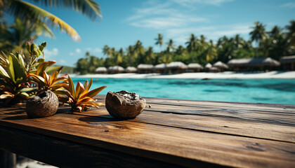 Idyllic tropical coastline, palm tree, sand, and blue water generated by AI - obrazy, fototapety, plakaty