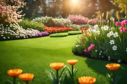 garden with flowers, Search by image or video Beautiful spring garden with flowers and lawn grass, 3D illustration stock photo