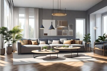 Obraz na płótnie Canvas modern living room, Interior design of modern apartment, living room with sofa and coffee tables 3d rendering stock photo