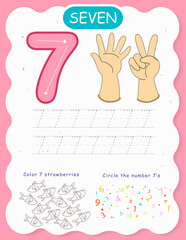 Educational worksheet for preschool and school kids learning number seven, tracing, find and color