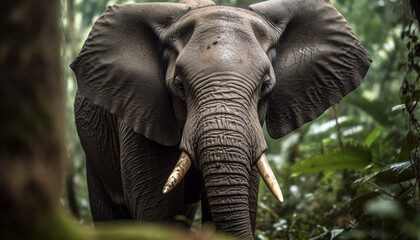 Elephant in nature, endangered species in Africa, large animal walking generated by AI