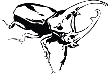 Cartoon Black and White Isolated Illustration Vector Of A Rhino Beetle Insect Bug