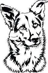 Cartoon Black and White Isolated Illustration Vector Of A Pet German Shepherd Puppy Dogs Face and Head
