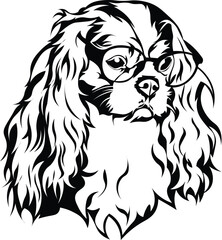 Cartoon Black and White Isolated Illustration Vector Of A Pet Cavalier King Charles Puppy Dogs Face and Head Wearing Glasses