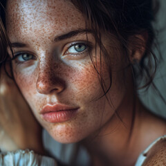 Beautiful woman, freckles, close up portrait, editorial style shot.