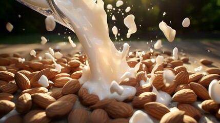 Almond milk splashing out of a glass, 3d rendering - obrazy, fototapety, plakaty