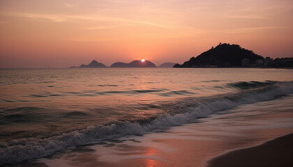 Golden sunset over tranquil water, nature beauty in a serene landscape generated by AI