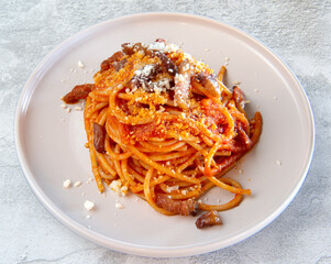 italian Amatriciana is a typical first course of Lazio region in Italy whit tomato, bacon, chili what you eat in Rome