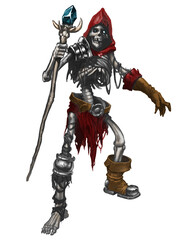 Skeleton wizard halberd warrior and shield sketch illustration isolate black white.