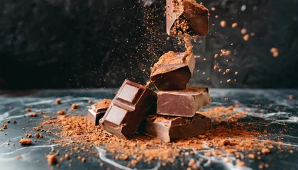 Fotobehang chocolates caindo e cacau em pó, fundo escuro © coffeee