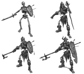 Big set Skeleton halberd warrior and shield sketch illustration isolate black white. - 699219233