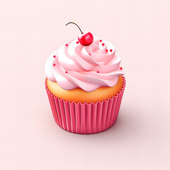 3D cupcake with pink frosting and cherry on top (Generative AI)