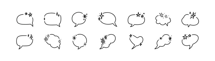 Doodle star speech bubble set. Simple border frame with cosmic ornament. Line art cute sparkle decoration. Party surprise thunking cloud. Sketch glitter text box