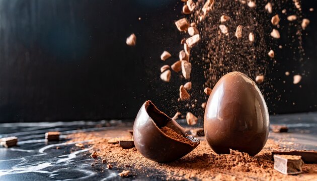 ovo de p&aacute;scoa com chocolates caindo ao redor e cacau em p&oacute;, fundo escuro